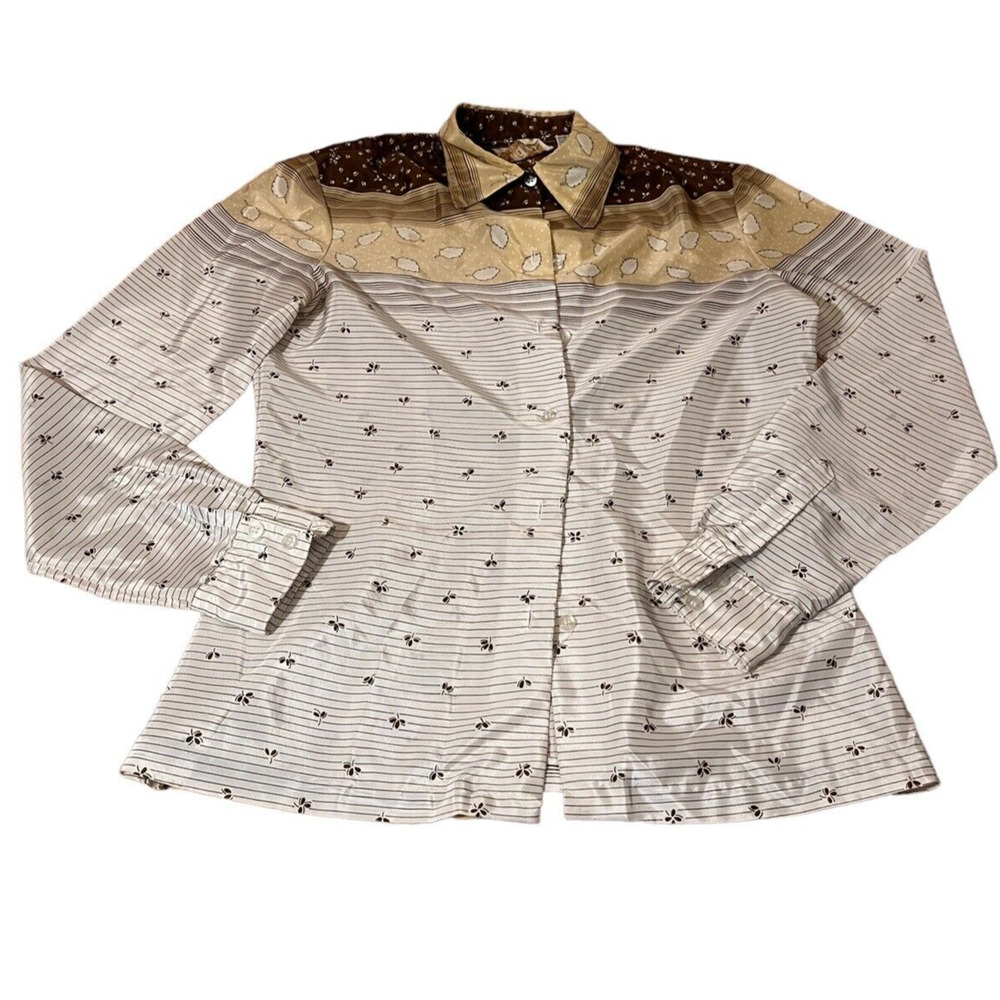 Vintage Amanda cream & Brown button up Womens small Wide Collar 70's/80's